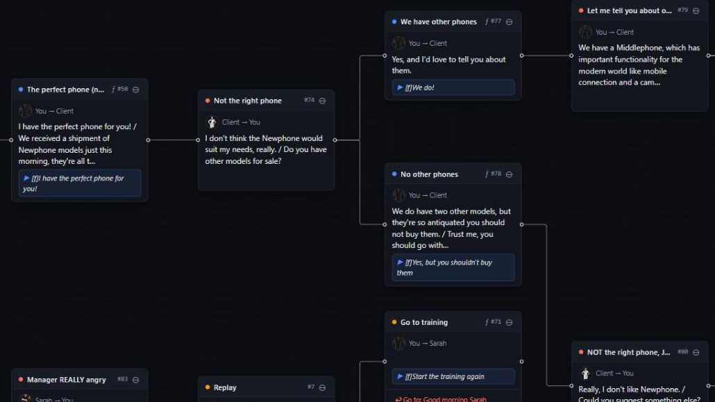 The ChatMapper canvas showing a branching sales training conversation with colour coded nodes and connectors