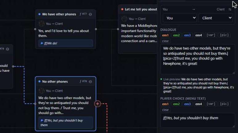 The ChatMapper node inspector beside the canvas, editing dialogue text and the player choice