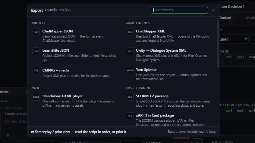 The ChatMapper export dialogue listing project, game engine, web and LMS formats