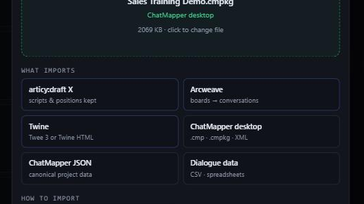 The ChatMapper import dialogue with a .cmpkg file recognised as a ChatMapper desktop project, and the list of other supported formats