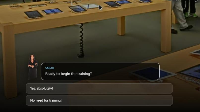 The ChatMapper simulator playing a sales training scenario in a shop, with a character portrait, a line of dialogue and two player choices